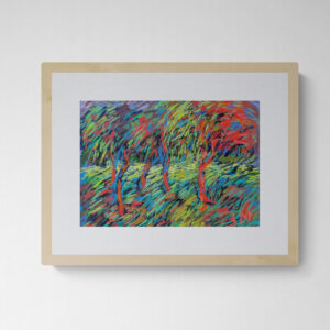 A vibrant dry pastel painting of windblown trees, featuring bright red trunks and foliage in swirling greens, blues, and purples.