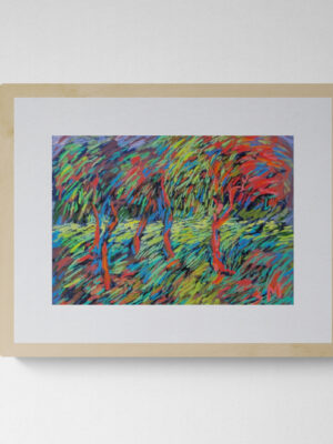 A vibrant dry pastel painting of windblown trees, featuring bright red trunks and foliage in swirling greens, blues, and purples.