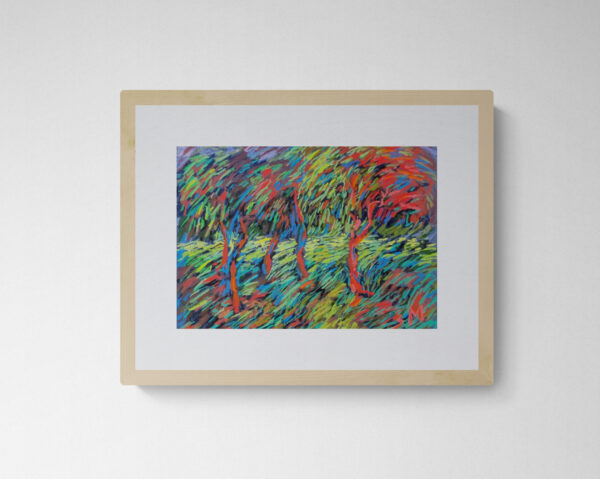 A vibrant dry pastel painting of windblown trees, featuring bright red trunks and foliage in swirling greens, blues, and purples.