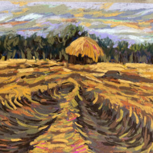 Dry pastel painting of a post-harvest paddy field with swirling furrows in the soil, a central haystack hut, and tree line under a moody grey-lavender sky.