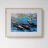 A vibrant dry pastel painting of three wooden boats floating on blue and violet waters, with textured reflections of golden sky above.