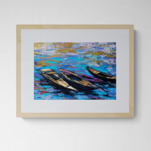 A vibrant dry pastel painting of three wooden boats floating on blue and violet waters, with textured reflections of golden sky above.