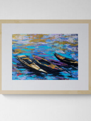 A vibrant dry pastel painting of three wooden boats floating on blue and violet waters, with textured reflections of golden sky above.