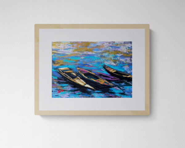 A vibrant dry pastel painting of three wooden boats floating on blue and violet waters, with textured reflections of golden sky above.