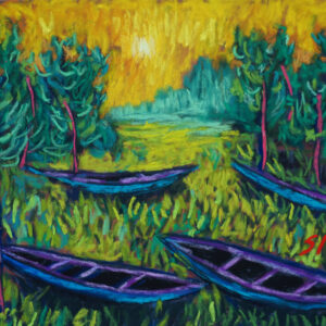 Dry pastel painting of blue and purple boats lying in a glowing yellow-green field surrounded by trees, under a surreal sky.