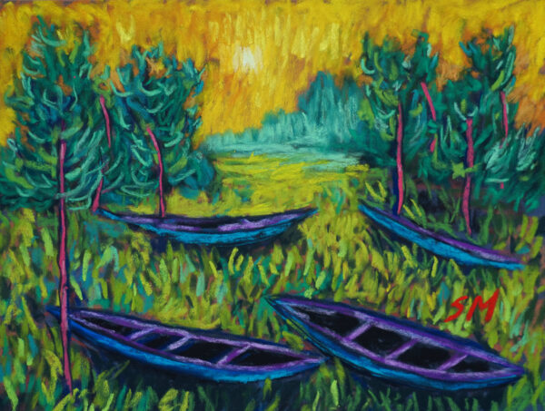 Dry pastel painting of blue and purple boats lying in a glowing yellow-green field surrounded by trees, under a surreal sky.