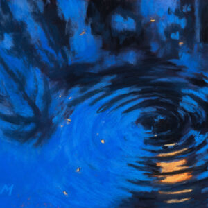 Dry pastel painting of moonlight reflected on rippling blue water, in an abstract circular form with amber highlights, by Saikat Mondal