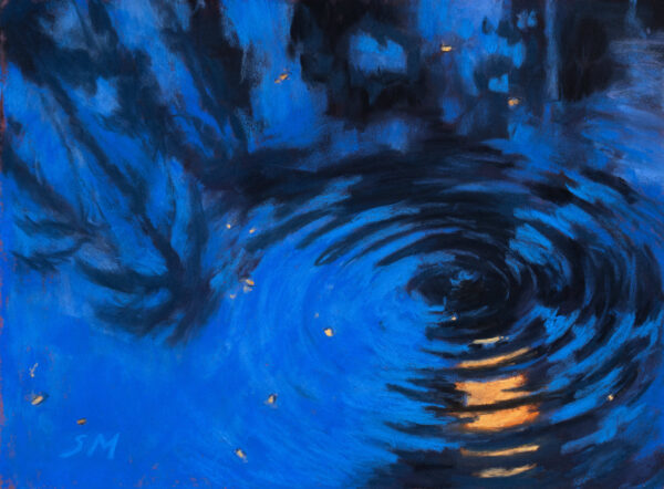 Dry pastel painting of moonlight reflected on rippling blue water, in an abstract circular form with amber highlights, by Saikat Mondal