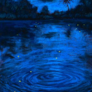 Dry pastel artwork showing a dark blue pond on a monsoon night, with circular ripples, yellow leaves floating, and tree silhouettes in the background. Created by artist Saikat Mondal.