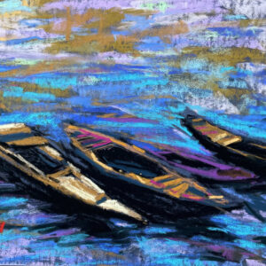 A vibrant dry pastel painting of three wooden boats floating on blue and violet waters, with textured reflections of golden sky above.