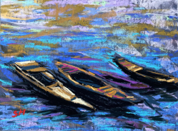 A vibrant dry pastel painting of three wooden boats floating on blue and violet waters, with textured reflections of golden sky above.