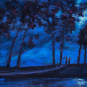 Dry pastel painting of two Baul singers under a moonlit forest canopy with glowing blue tones and tall trees, by Saikat Mondal