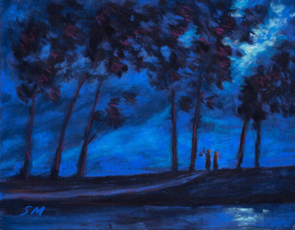 Dry pastel painting of two Baul singers under a moonlit forest canopy with glowing blue tones and tall trees, by Saikat Mondal