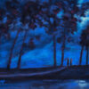 Dry pastel painting of two Baul singers under a moonlit forest canopy with glowing blue tones and tall trees, by Saikat Mondal