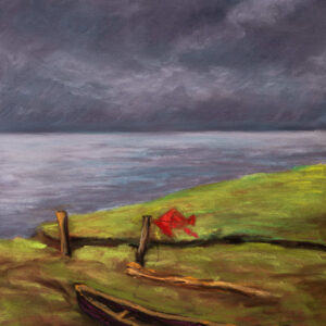 Dry pastel painting of a riverbank with a torn red kite caught on a post, a broken boat, and a dramatic monsoon sky.