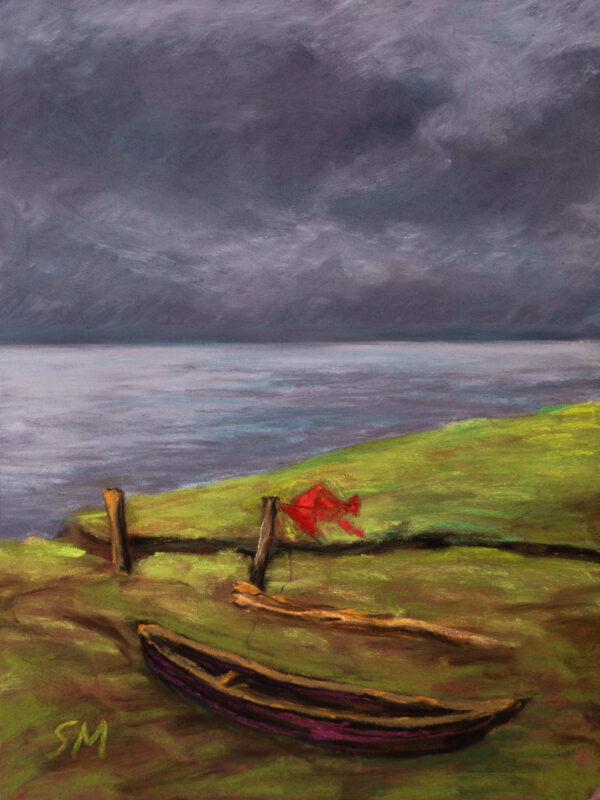 Dry pastel painting of a riverbank with a torn red kite caught on a post, a broken boat, and a dramatic monsoon sky.