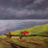 Dry pastel painting of a riverbank with a torn red kite caught on a post, a broken boat, and a dramatic monsoon sky.
