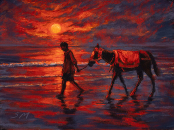 Dry pastel painting of a boy and horse walking along the Puri beach at sunset, glowing with red and purple light, by Saikat Mondal