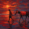 Dry pastel painting of a boy and horse walking along the Puri beach at sunset, glowing with red and purple light, by Saikat Mondal