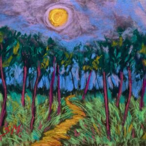 Dry pastel artwork showing a winding yellow path through eucalyptus trees under a glowing full moon, with vivid red trunks and grassy textures.