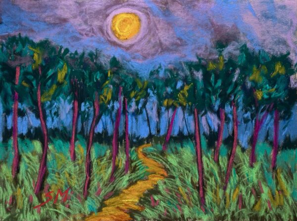 Dry pastel artwork showing a winding yellow path through eucalyptus trees under a glowing full moon, with vivid red trunks and grassy textures.