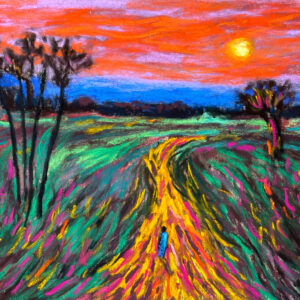 Dry pastel painting of a golden path through colorful fields with a small figure walking under an orange sky, by Saikat Mondal