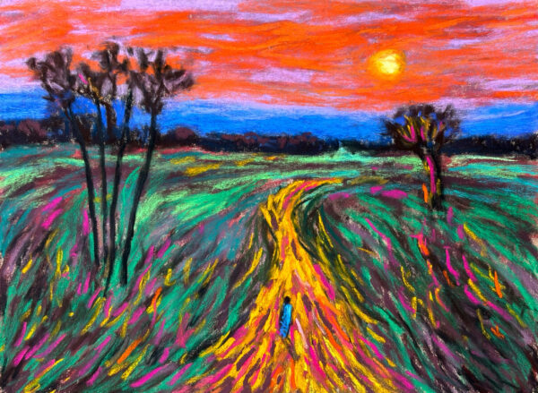 Dry pastel painting of a golden path through colorful fields with a small figure walking under an orange sky, by Saikat Mondal