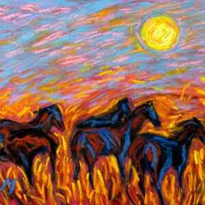 Dry pastel painting of wild horses under Kartik moonlight, inspired by Jibanananda Das’s poem Mohiner Ghora, by Saikat Mondal