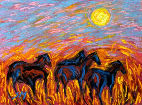 Dry pastel painting of wild horses under Kartik moonlight, inspired by Jibanananda Das’s poem Mohiner Ghora, by Saikat Mondal
