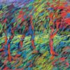 A vibrant dry pastel painting of windblown trees, featuring bright red trunks and foliage in swirling greens, blues, and purples.