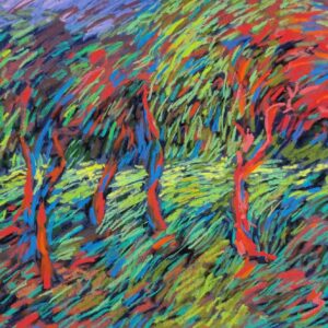 A vibrant dry pastel painting of windblown trees, featuring bright red trunks and foliage in swirling greens, blues, and purples.