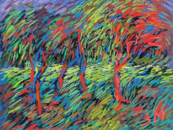 A vibrant dry pastel painting of windblown trees, featuring bright red trunks and foliage in swirling greens, blues, and purples.