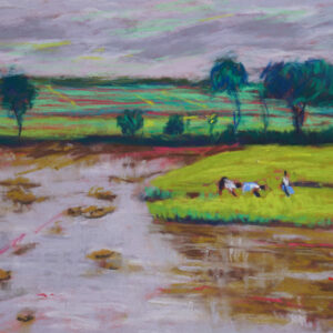 Dry pastel painting of a monsoon paddy field with waterlogged soil, reflections of clouds, and distant farmers working in a lush green patch under a cloudy sky
