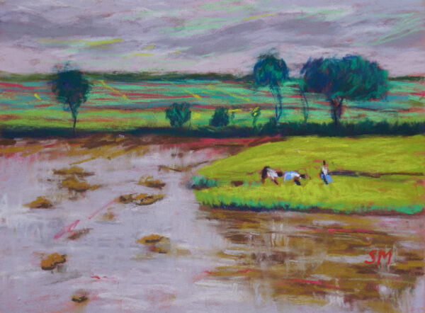 Dry pastel painting of a monsoon paddy field with waterlogged soil, reflections of clouds, and distant farmers working in a lush green patch under a cloudy sky
