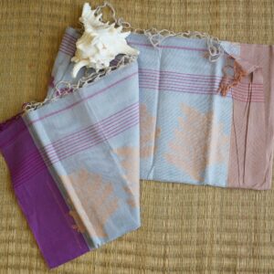 Pure cotton Jamdani saree with leaf needlework motifs and purple border, handmade in Bengal