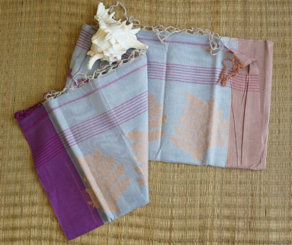 Pure cotton Jamdani saree with leaf needlework motifs and purple border, handmade in Bengal