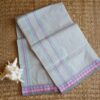 Pure cotton Bengal Tant saree with pastel stripes and violet border, handwoven and lightweight