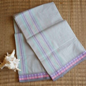 Pure cotton Bengal Tant saree with pastel stripes and violet border, handwoven and lightweight