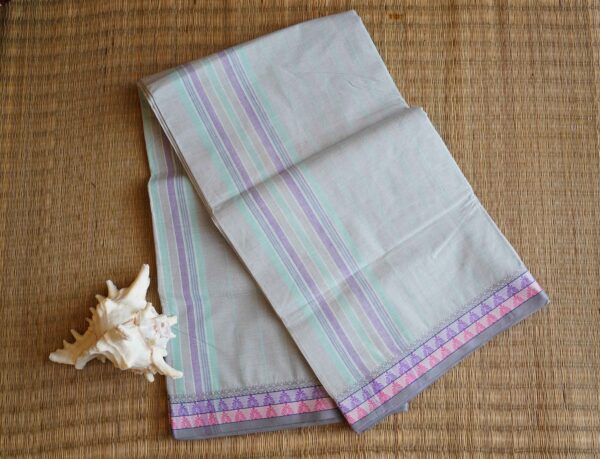 Pure cotton Bengal Tant saree with pastel stripes and violet border, handwoven and lightweight