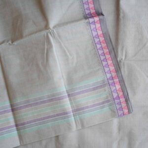 Pure cotton Bengal Tant saree with pastel stripes and violet border, handwoven and lightweight