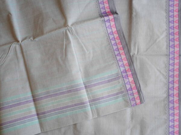 Pure cotton Bengal Tant saree with pastel stripes and violet border, handwoven and lightweight