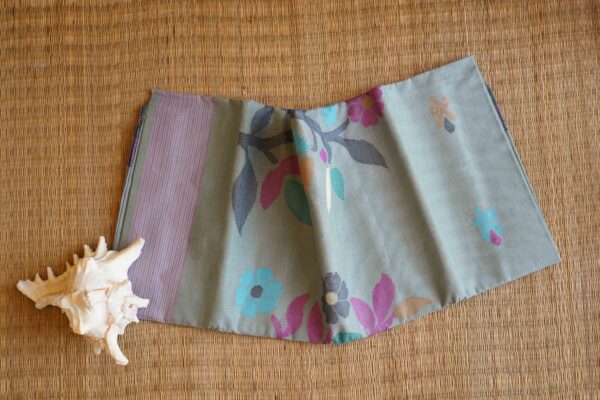 Pastel floral handwoven cotton saree from Bengal with grey base and colorful motifs