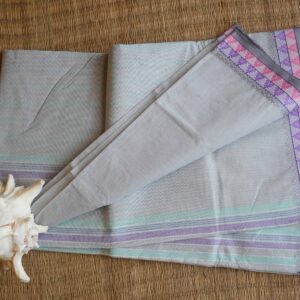 Pure cotton Bengal Tant saree with pastel stripes and violet border, handwoven and lightweight