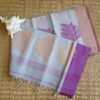 Pure cotton Jamdani saree with leaf needlework motifs and purple border, handmade in Bengal