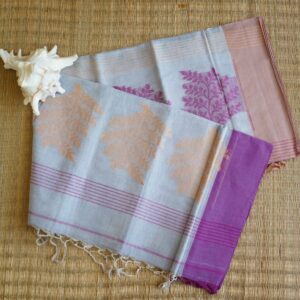 Pure cotton Jamdani saree with leaf needlework motifs and purple border, handmade in Bengal