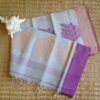 Cotton Jamdani Saree – Leaf Motif Needle Work, Bengal Handloom Pure cotton Jamdani saree with leaf needlework motifs and purple border, handmade in Bengal
