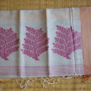 Pure cotton Jamdani saree with leaf needlework motifs and purple border, handmade in Bengal