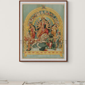 Reprint of Goddess Durga as Mahishasurmardini, in traditional Bengali style—ten-armed Durga slaying Mahishasura, flanked by Lakshmi, Saraswati, Ganesha, Kartikeya, and her lion, printed on matte paper