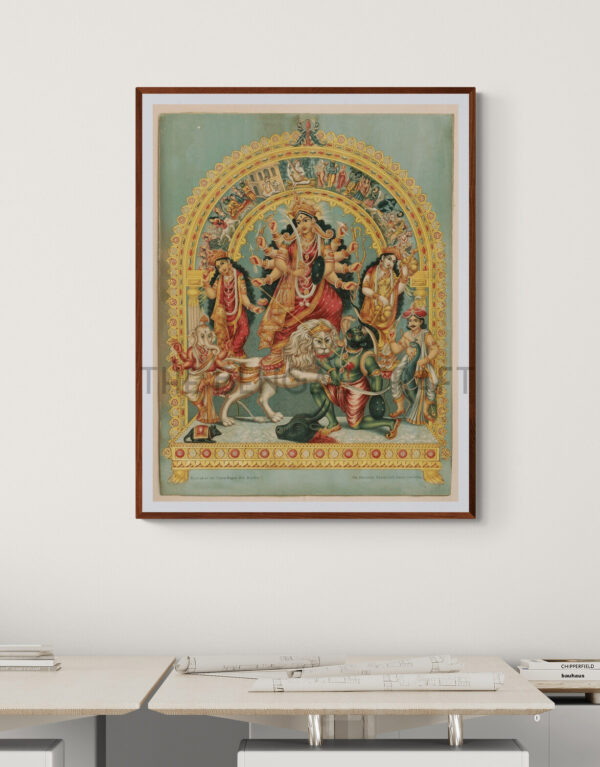 Reprint of Goddess Durga as Mahishasurmardini, in traditional Bengali style—ten-armed Durga slaying Mahishasura, flanked by Lakshmi, Saraswati, Ganesha, Kartikeya, and her lion, printed on matte paper