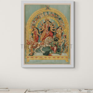 Reprint of Goddess Durga as Mahishasurmardini, in traditional Bengali style—ten-armed Durga slaying Mahishasura, flanked by Lakshmi, Saraswati, Ganesha, Kartikeya, and her lion, printed on matte paper